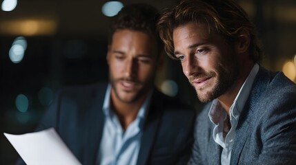 Fototapeta premium Two professionals reviewing a sales report in an office setting