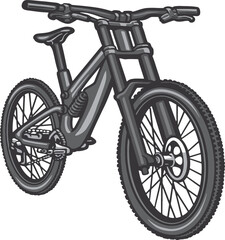 Fototapeta premium Monochrome Illustration of a High Performance Downhill Mountain Bike Showcasing Suspension System and Rugged Tires Ready for Rough Terrain