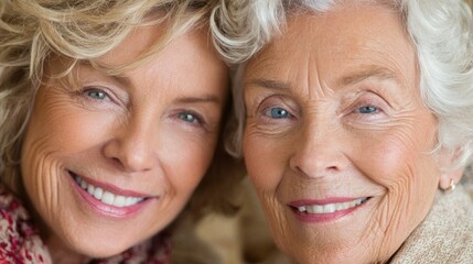 Elderly women share a warm embrace, displaying love and friendship in a close-up moment