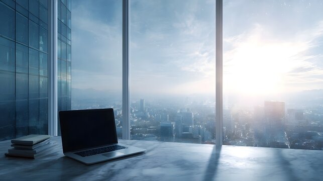 Impressive city skyline view from modern office workspace - Powered by Adobe