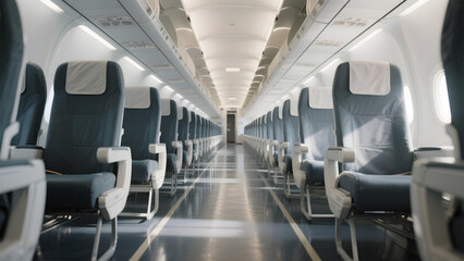 Obraz premium Spacious empty airplane aisle highlighting modern, clean cabin interior.