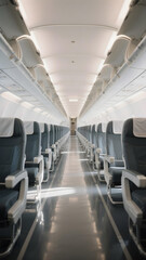 Spacious empty airplane aisle highlighting modern, clean cabin interior.