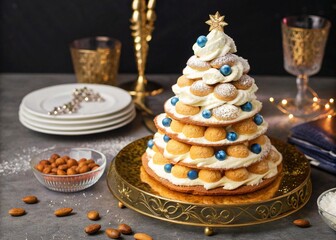 A beautiful holiday dessert, shaped like a Christmas tree, decorated with whipped cream and blue berries.