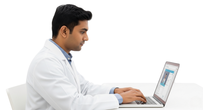 Focused Male Doctor or Healthcare Professional Working on Laptop, Advancing Digital Health and Medical Research