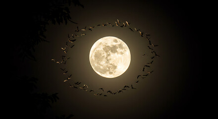 Enchanting full moon illuminated at night, encircled by a multitude of bats forming a captivating eye shape, a mystical aerial ballet.