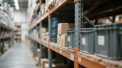 Fototapeta premium Close-up of warehouse shelves highlighting textures, organization, and industrial scale.