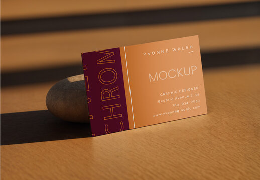 Visiting Card Mockup &mdash; Natural Stone Prop with Warm Lightg