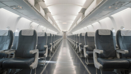 Obraz premium Spacious empty airplane aisle highlighting modern, clean cabin interior.