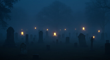 Eerie and mysterious old graveyard at night, shrouded in dense, haunting fog with glowing lights illuminating the ancient tombstones.