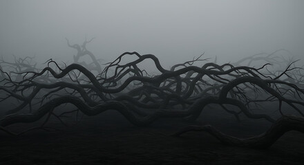Mysterious and Ethereal Foggy Landscape with Gnarled, Intertwining Branches, Creating a Somber Wilderness Scene of Desolation and Unseen Depths.