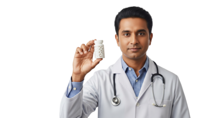 Professional Male Doctor Holding Medication Pill Bottle on White Background