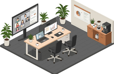 Modern office setup with video conference, dual monitors, and coffee station for productive teamwork.