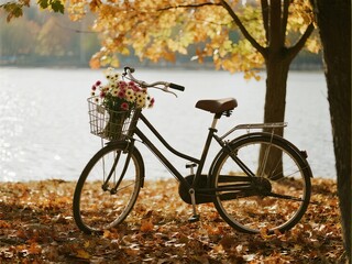 Fototapeta premium A bicycle with a flower basket parked under an autumn tree by a lakeside.