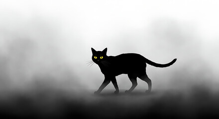 Mysterious Black Cat with Glowing Yellow Eyes Walking Through Eerie Fog