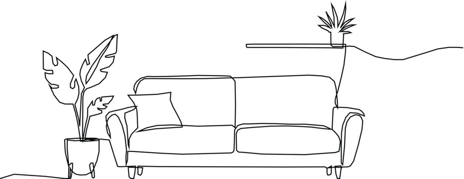 Fototapeta Contemporary furniture in Scandinavian style one continuous line drawing. Sofa, floor lamp and potted plant for living room or hotel. Doodle vector illustration.