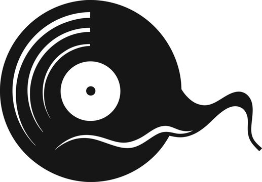 Abstract black silhouette of a vinyl record with a wavy tail isolated on white background