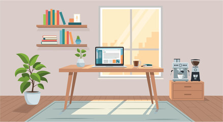 Cozy home office setup with laptop, coffee, and plants, bathed in natural light