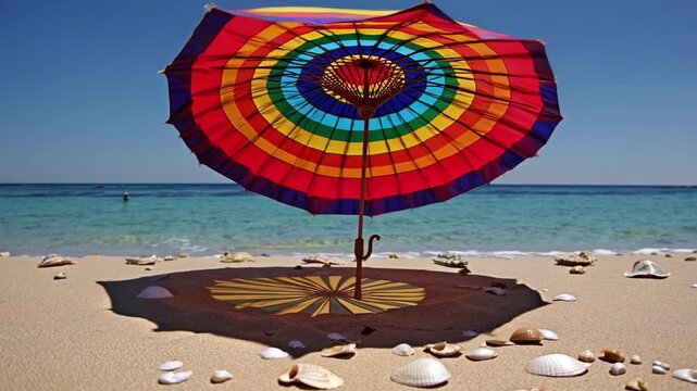 Vibrant beach scene video with a low-angle view of a colorful umbrella casting a shadow on sandy shore, surrounded by seashells and a clear blue sea.