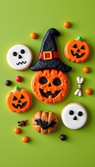 Festive Halloween themed cookies and candies featu carved pumpkin skull ghost witch hat candy corn and colorful round candies on bright green background