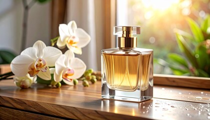 Amber perfume bottle with gold sprayer on wooden vanity, surrounded by white orchids and soft natural light for a refined, elegant setting.
