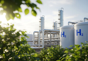 Hydrogen energy storage plant with industrial tanks and piping infrastructure near greenery
