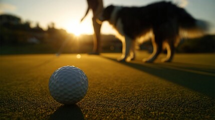 Golf Ball on Putting Green with Dog and Person During Sunset