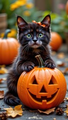 Adorable black kitten with green eyes sitting behind a carved Halloween pumpkin in outdoor autumn setting with fall leaves and pumpkins in background