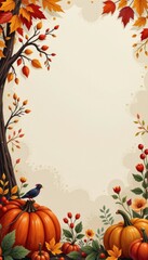 Beautiful autumn scene with colorful fallen leaves on trees, vibrant pumpkins, blooming flowers, ripe berries, and a small bird on a branch in a cozy harvest setting