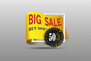 Yellow banner with big sale and black special offer label.