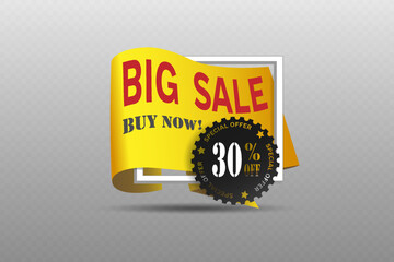 Yellow banner with big sale and black special offer label.