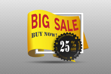 Yellow banner with big sale and black special offer label.