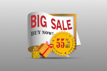 Big sale discount banner with gifts and special offer sticker.