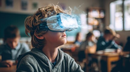 Medium view of a young learner wearing VR goggles immersed in a virtual lesson with an outoffocus futuristic classroom setting enhancing immersive tech in education.