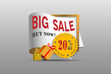 Big sale discount banner with gifts and special offer sticker.