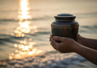 Person holding cremation urn by the water during a golden hour sunset