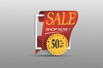 Red ribbon banner with golden badge template