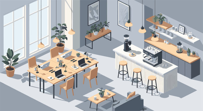 Modern co-working space with natural light, coffee bar, and comfortable seating for productive collaboration