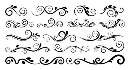 Collection of elegant black and white floral swirls and decorative flourishes