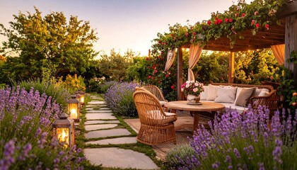 Fototapeta premium A serene garden patio setting, featuring a pergola, wicker furniture, and a pathway lined with lit lanterns, bathed in the warm glow of the evening sun.