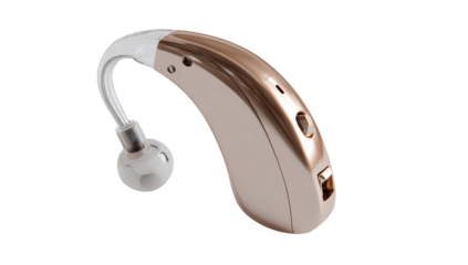 Beige and rose gold colored hearing aid, small, curved, with clear tube and ear bud