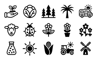 Collection of Farming and Nature Icons: Plants, Animals, and Agriculture