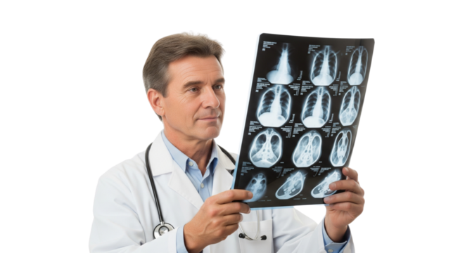 Focused Male Doctor Analyzing X-ray Film for Patient Diagnosis