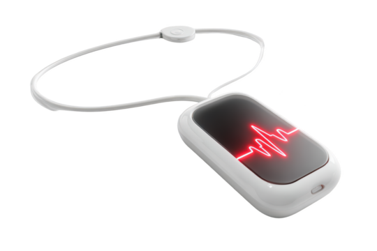 Wearable white device with a red heartbeat indicator on black display