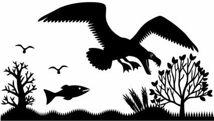 Obraz premium Silhouette of a bird with wide wings flying over a fish tree and grass in a black and white illustration | editable eps vectors