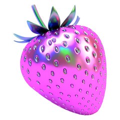 A beautiful holographic strawberry with an iridescent surface, reflecting multiple vibrant colors on a transparent background