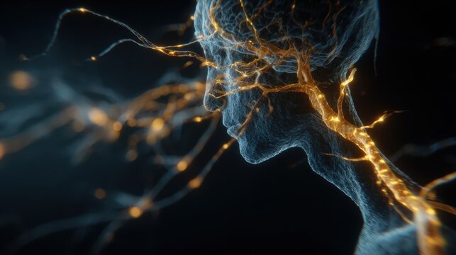 Glowing golden energy streaming through neural pathways, representing vagus nerve activation and interconnected brain networks during meditative states, illustrating holistic healing mechanisms