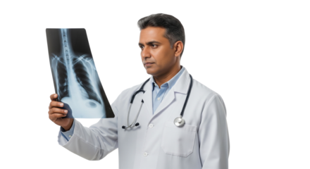 Focused Male Doctor Analyzing Chest X-Ray Scan for Medical Diagnosis