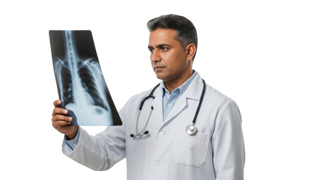 Focused Male Doctor Analyzing Chest X-Ray Scan for Medical Diagnosis