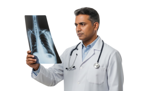 Focused Male Doctor Analyzing Chest X-Ray Scan for Medical Diagnosis
