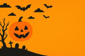 Halloween night scene with pumpkin, bats, and graveyard silhouette